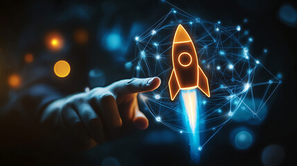 Aufkleber - Businessman is launching a digital startup by touching a futuristic rocket icon