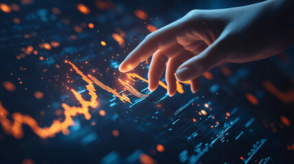 Leinwandbilder - Businessman is touching a holographic interface displaying financial data and statistics as orange glowing lines