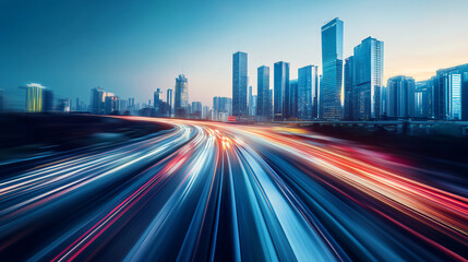 Aufkleber - Blurred motion of car lights on highway at dusk with city skyline in background captured through long exposure