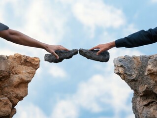 Two hands reach out to connect across a rocky gap, symbolizing unity and collaboration against a backdrop of blue sky.