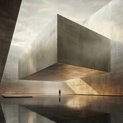 Poster - A solitary figure stands in a vast, minimalist concrete structure, the sky visible through a gap in the ceiling, casting a golden light on the reflective floor.