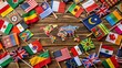 © Four888 - Vibrant mixture of colorful cultural patterns, flags, and traditional clothing scattered across a wooden table, celebrating unity in diversity and global togetherness.