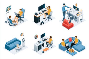 An illustration collection of isometric work with people from the home