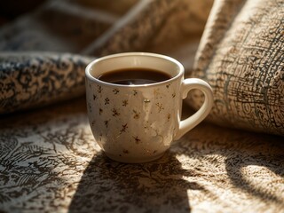 Cozy coffee cup on a patterned napkin, with soft sunlight filtering through.