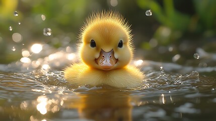 A small yellow duckling swims in a pond with water droplets splashing around it.