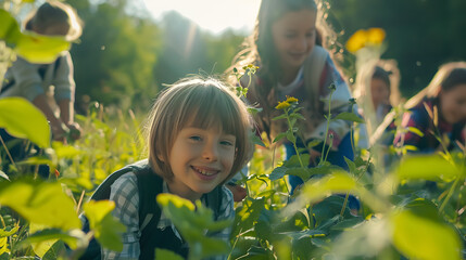 Group of school children with a teacher on a field trip in nature, learning science