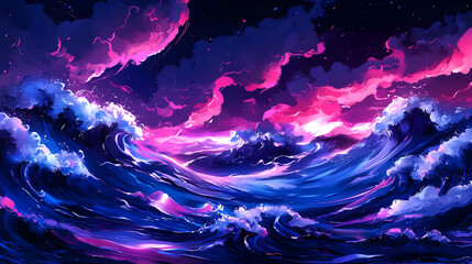 Sticker - Blue and Pink Waves Crashing in the Night Sky