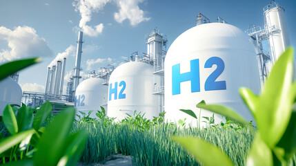 A sleek hydrogen production factory showcases large white H2 tanks adorned with blue lettering, intertwined with gas pipelines and lush greenery