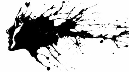 Wall Mural - Abstract Black Ink Splashes and Silhouette of a Woman's Face