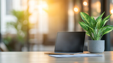 Poster - Modern office workspace with potted plant and laptop displaying empty screen on desk with blurry background