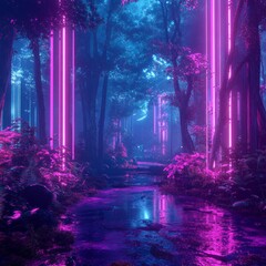 Wall Mural - A surreal forest path illuminated by neon lights.