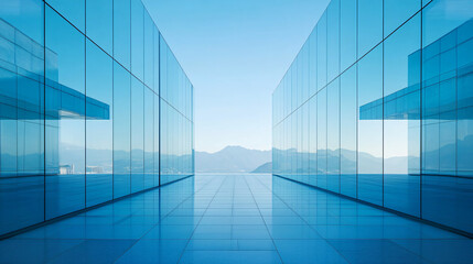 Fototapete - Spacious corridor with blue glass windows reflecting mountains in modern office building