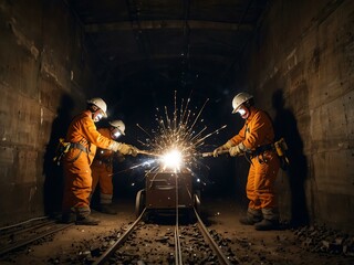 Crew securing steel reinforcements in a tunnel with sparks from welding tools.