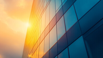 Fototapete - Captivating visual of warm sunset light reflecting on the glass facade of a modern office building