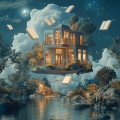 Wall Mural - A surreal scene of a floating house filled with books surrounded by clouds, a moon, and a starry sky.