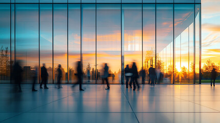 Fototapete - Business people are walking outside a modern glass office building with a sunset in the background
