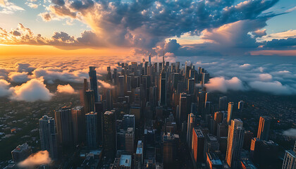 Sticker - Aerial view of city buildings with natural clouds in the sky