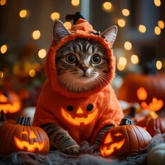 Sticker - A tabby cat dressed in a pumpkin costume sits among glowing jack-o'-lanterns for Halloween.