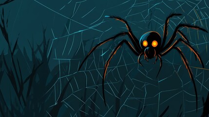 Halloween A creepy spider is on a web in the dark