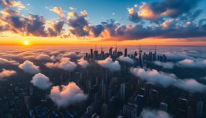 Sticker - Aerial view of city buildings with natural clouds in the sky