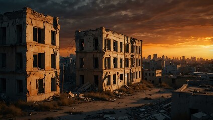 Canvas Print - Crumbling urban landscape with cracked buildings and an orange glow.