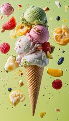 A tall ice cream cone with multiple scoops of ice cream, each with a different flavor and topped with a variety of fresh fruit, falling around it.