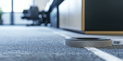 Canvas Print - Roll of tape on carpet with blurred office background.