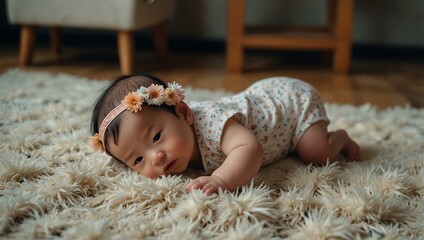 Curious Chinese baby girl in a floral headband crawling on a fluffy rug.