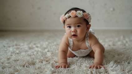 Curious Chinese baby girl in a floral headband crawling on a fluffy white rug.