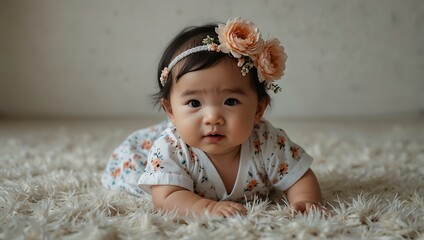 Curious Chinese baby girl in a floral headband crawling on a fluffy white rug.