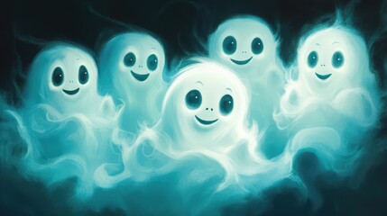 Wall Mural - Halloween A group of ghostly creatures are smiling and looking at the camera