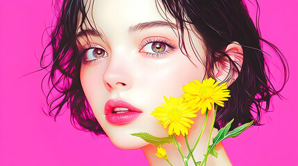 Sticker - Beautiful Girl with Yellow Flowers on Pink Background