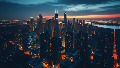 Wall Mural - Stunning aerial view of city buildings and skyline at night.