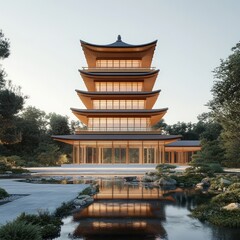 Poster - A traditional Japanese pagoda with a pond in front, surrounded by trees and bushes.