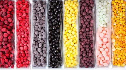 Brightly lit space showcases a variety of frozen food packed in clear bags, featuring colorful vegetables on the top shelf and vibrant berries and corn below