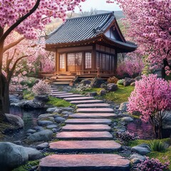 Canvas Print - A traditional Japanese teahouse nestled amidst a serene garden with blossoming cherry trees.