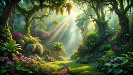 Wall Mural - Unreal fantasy landscape with lush green trees, exotic flowers, and sunlight filtering through the canopy