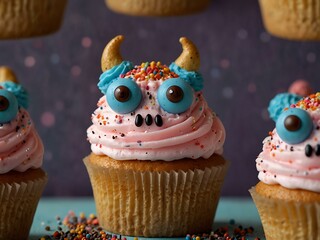 Sticker - Cute cupcake monster with sprinkles and chocolate chip eyes.