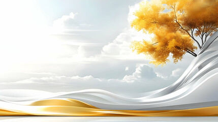 Wall Mural - Abstract Landscape with Golden Tree and White Waves