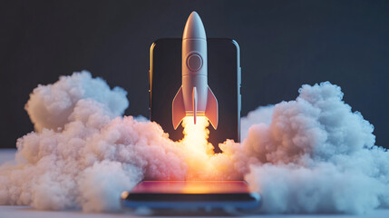 Poster - White rocket launching from a smartphone screen surrounded by clouds, representing a successful mobile startup