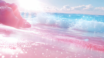 Pink Sand Beach with Ocean Waves and Sunlight