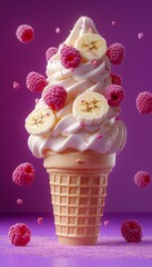 Poster - A vanilla soft serve ice cream cone with banana slices, raspberries, and sprinkles on a purple background.