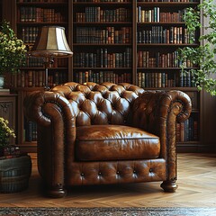 Wall Mural - A brown leather armchair in a library with bookshelves filled with books.