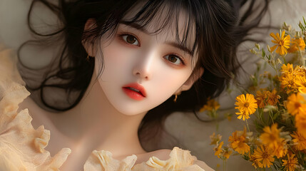 Poster - Girl with Brown Eyes and Flowers - Pretty Girl with Flowers