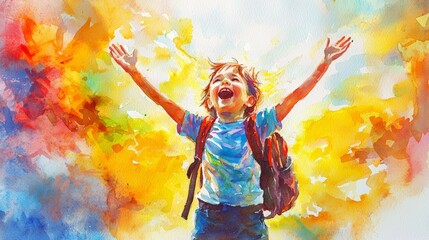 A joyful child with a backpack, celebrating with arms wide open amidst a colorful abstract background of vibrant hues.