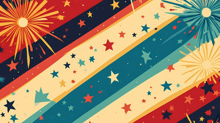 2d flat style illustration of independence day with colorful fireworks, stars, and stripes on a simple background. Stripes. Illustration