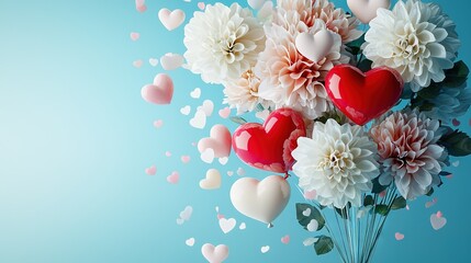 Canvas Print -  A vase brimming with white and pink blossoms and heart-shaped floaters near a serene blue backdrop