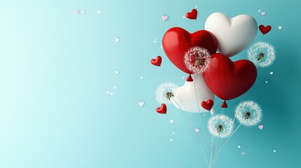 Wall Mural -   A swarm of red and white heart balloons float against a blue backdrop as dandelions dance nearby, adorning the scene with additional hearts