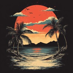 Sticker - A vibrant sunset over a tropical beach with palm trees and a red sun.