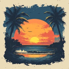 Canvas Print - A vibrant sunset over the ocean with two palm trees on either side.